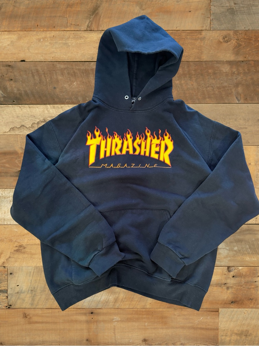 Black Thrasher Flame Logo Hoodie Tagged M Y2K